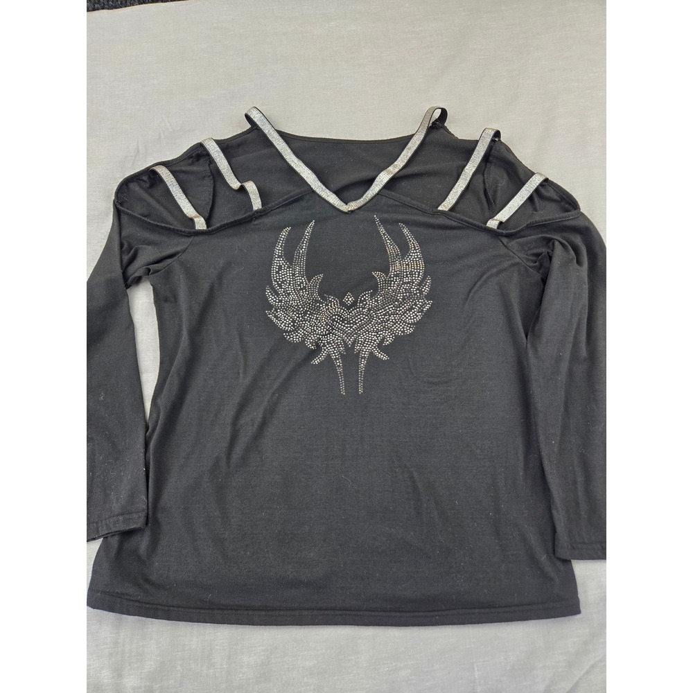 TX Womens Black Rhinestone Wing Cold Shoulder Long Sleeve Top Size XL
